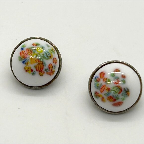 Vintage Hand Painted Porcelain Clip-On Earrings Floral Motif 3/4" Silver-tone - Picture 2 of 10